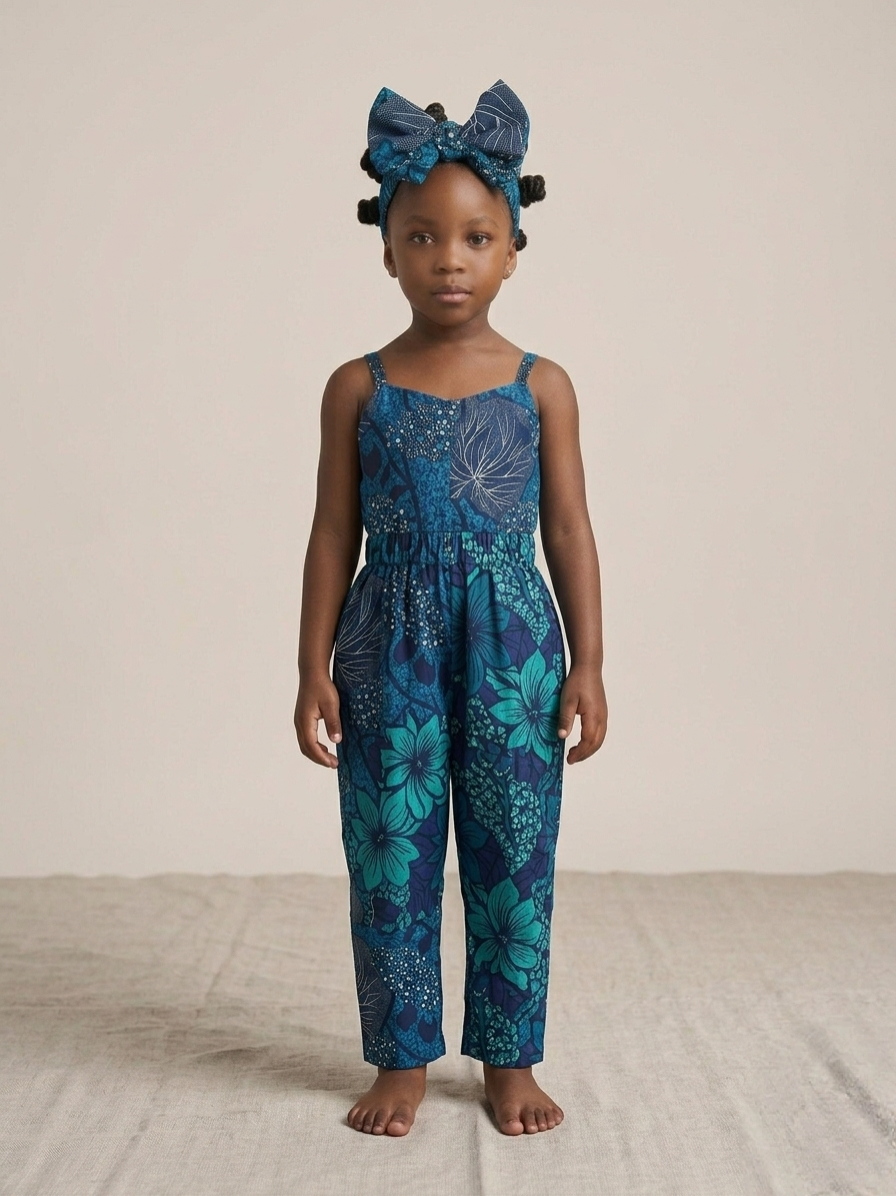 The Azure Bloom Ankara Jumpsuit | Luxury Girls' One-Piece & Matching Bow