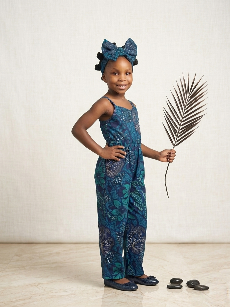 The Azure Bloom Ankara Jumpsuit | Luxury Girls' One-Piece & Matching Bow