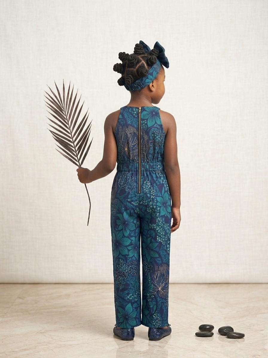 The Azure Bloom Ankara Jumpsuit | Luxury Girls' One-Piece & Matching Bow