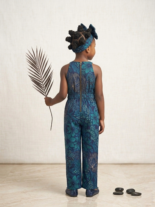 The Azure Bloom Ankara Jumpsuit | Luxury Girls' One-Piece & Matching Bow