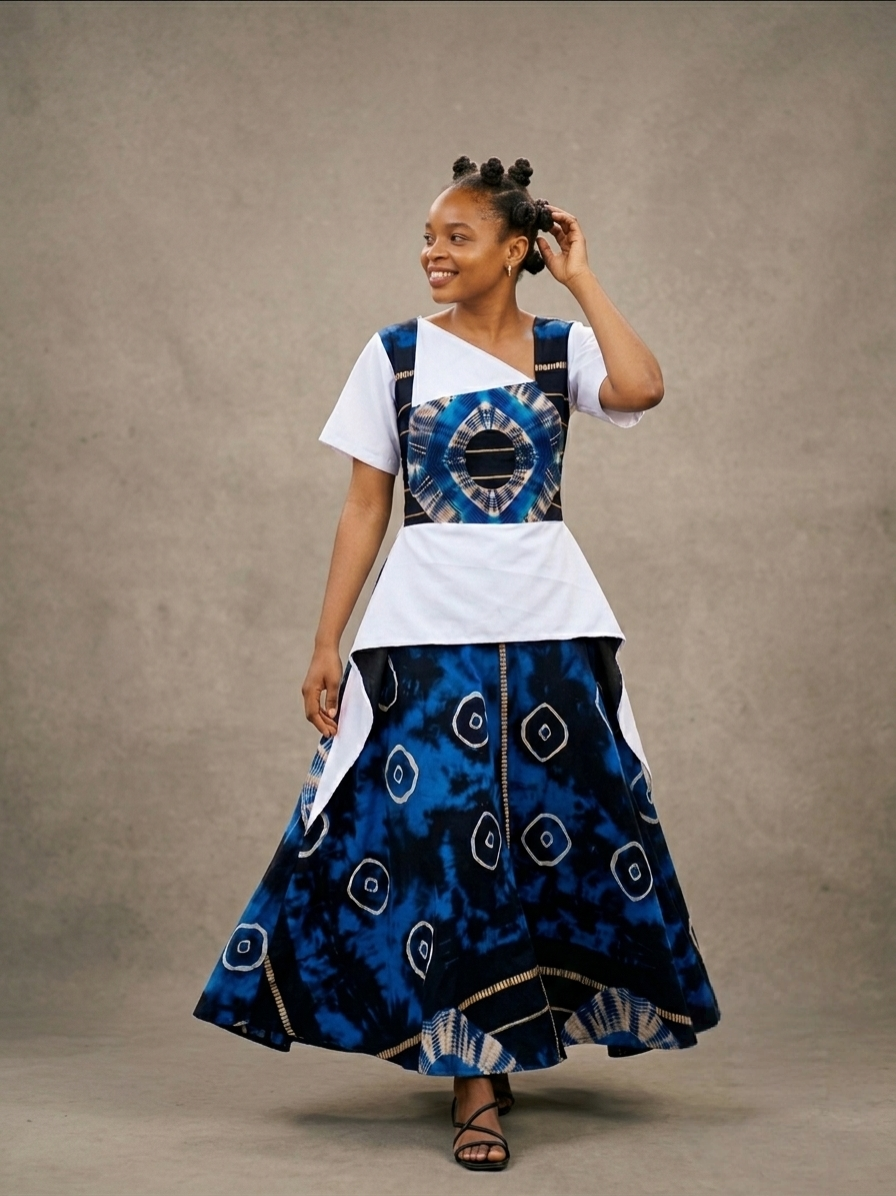 The 'Amara' Indigo Color-Blocked Flare Gown